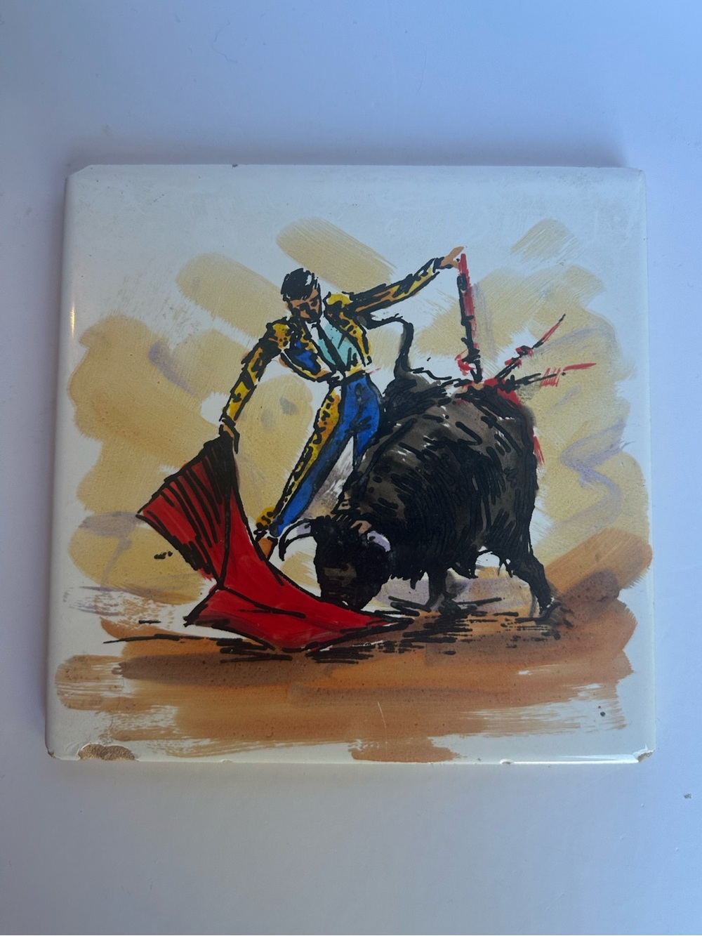 Vintage Hand Painted Spanish Bull Fighter Ceramic Tile / Trivet